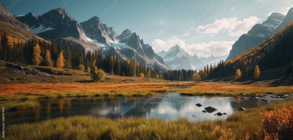 Poster a painting of a mountain range with a lake in the foreground and grass in the foreground, and trees 