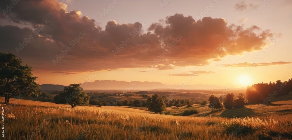 Poster the sun is setting over a field of grass with trees in the foreground and a distant mountain range i