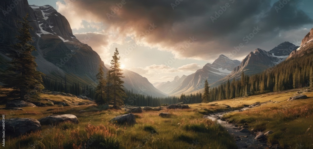 Aufkleber a painting of a mountain scene with a stream in the foreground and trees in the foreground, with a c
