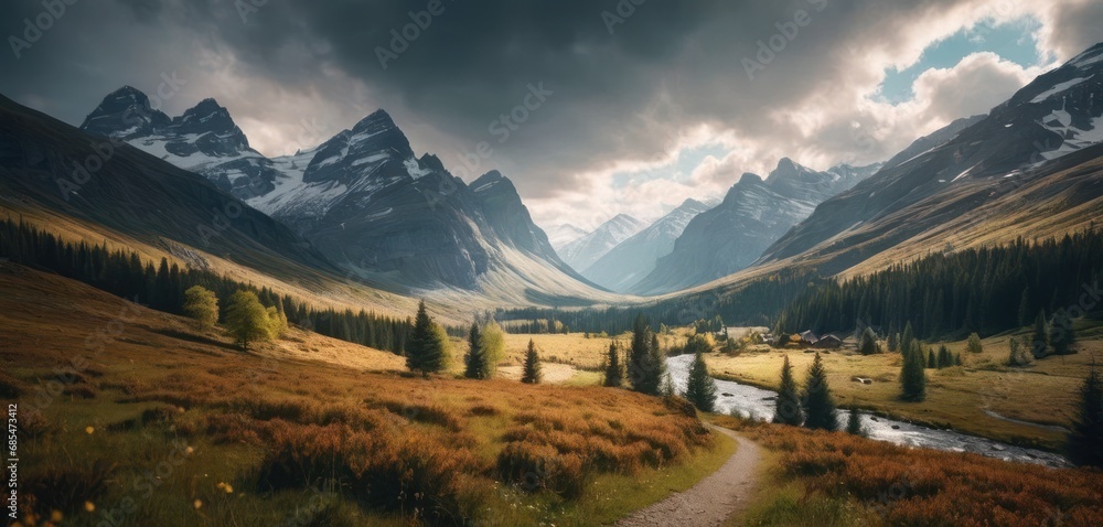 Aufkleber a scenic view of a mountain range with a river in the foreground and a valley in the background with