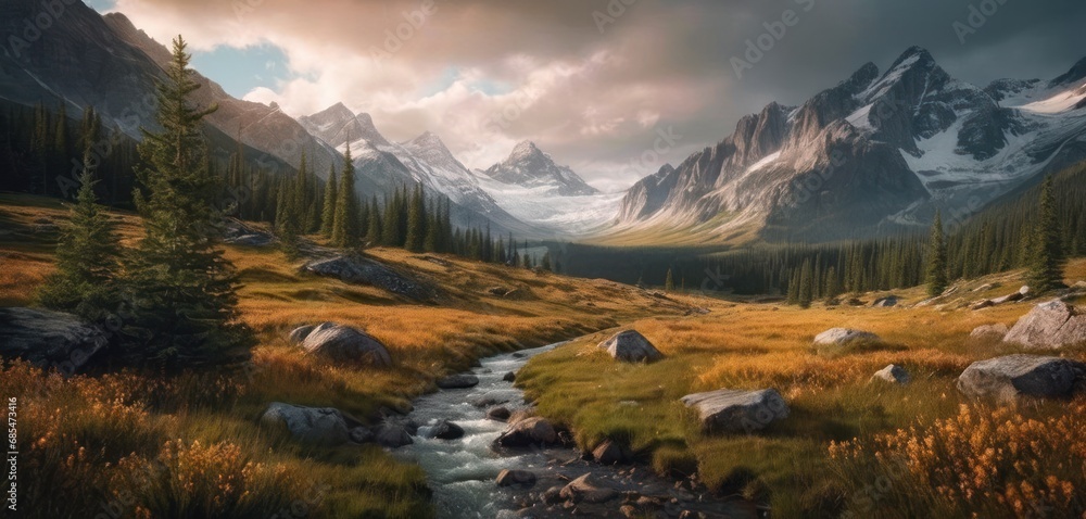 Poster a painting of a mountain landscape with a stream in the foreground and grass and rocks in the foregr