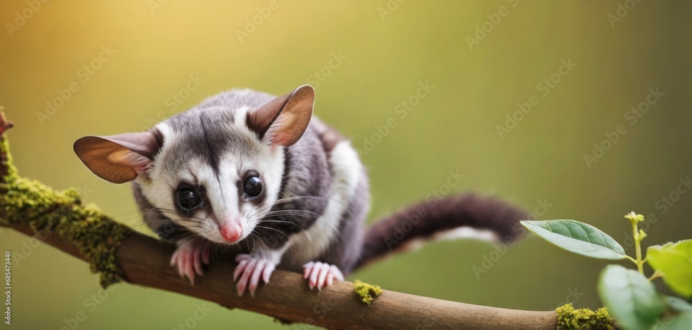 Poster a close up of a small animal on a tree branch with a blurry background of leaves and a tree branch w