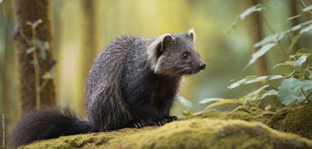 Poster a close up of a small animal on a mossy surface in a wooded area with trees in the background and a 