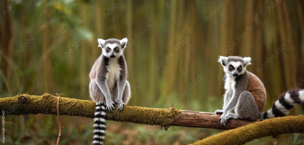 Poster two ring tailed lemurs sitting on a log in the middle of a forest, one looking at the camera while t
