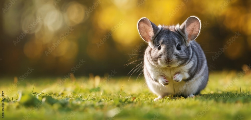 Poster a close up of a small rodent on a field of grass with a blurry background of trees and grass in the 