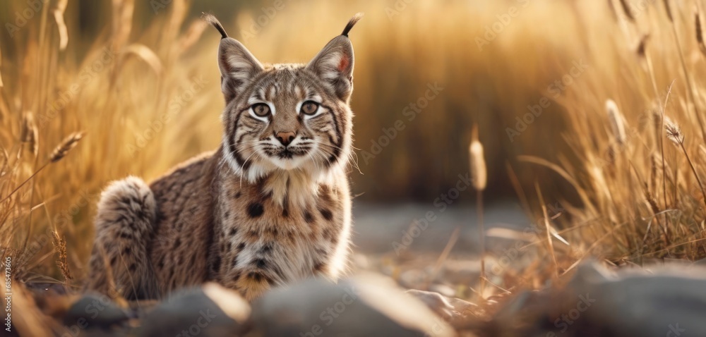 Poster a close up of a cat in a field of grass with a rock in the foreground and a blurry background of gra