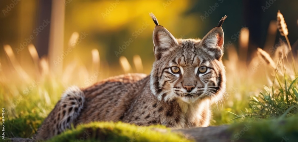 Poster a close up of a cat in a field of grass with trees in the background and a blurry image of grass in 