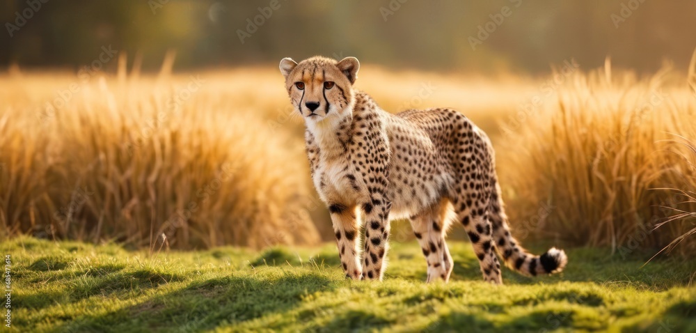 Poster a cheetah standing in the middle of a grassy field with tall grass in the foreground and a field of 