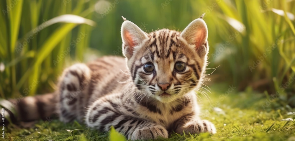 Poster a close up of a small kitten laying on a field of grass with tall grass behind it and a blurry backg