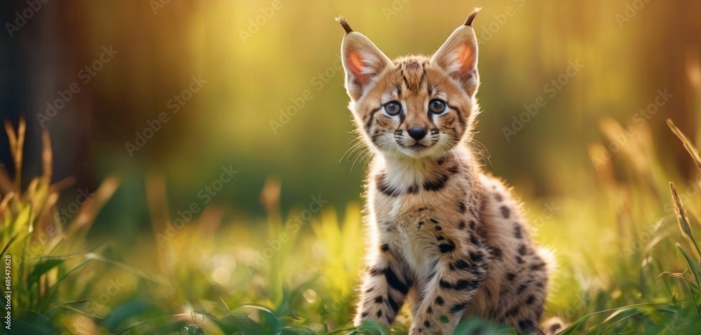 Poster a close up of a small kitten sitting in a field of grass with a blurry background of the grass and t