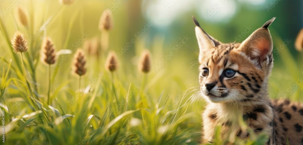 Poster a close up of a small cat in a field of grass with tall grass in the foreground and a blurry backgro