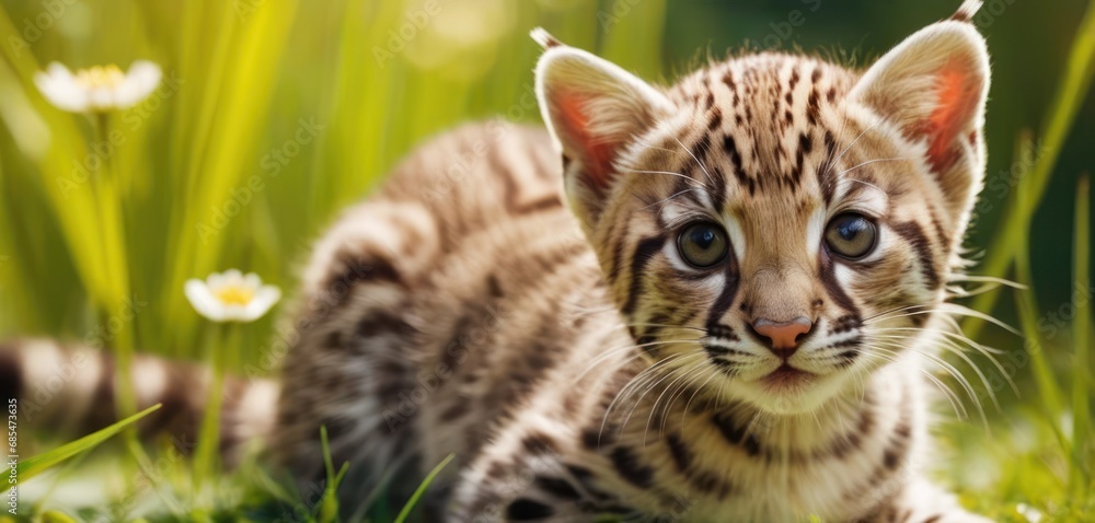 Poster a close up of a small kitten laying on a field of grass with daisies in the foreground and a blurry 