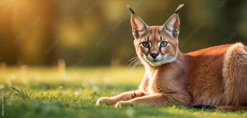 Poster a close up of a cat laying in a field of grass with the sun shining on it's face and behind it is a 