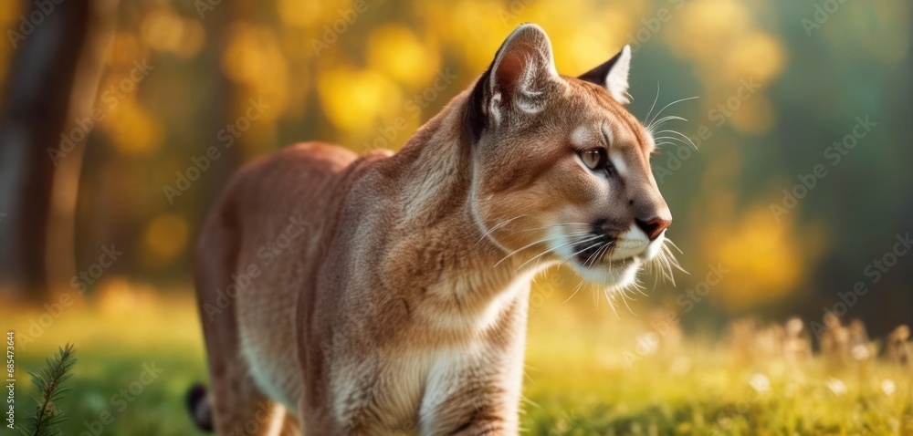 Poster a close up of a cat in a field of grass with trees in the background and sunlight shining on the cat