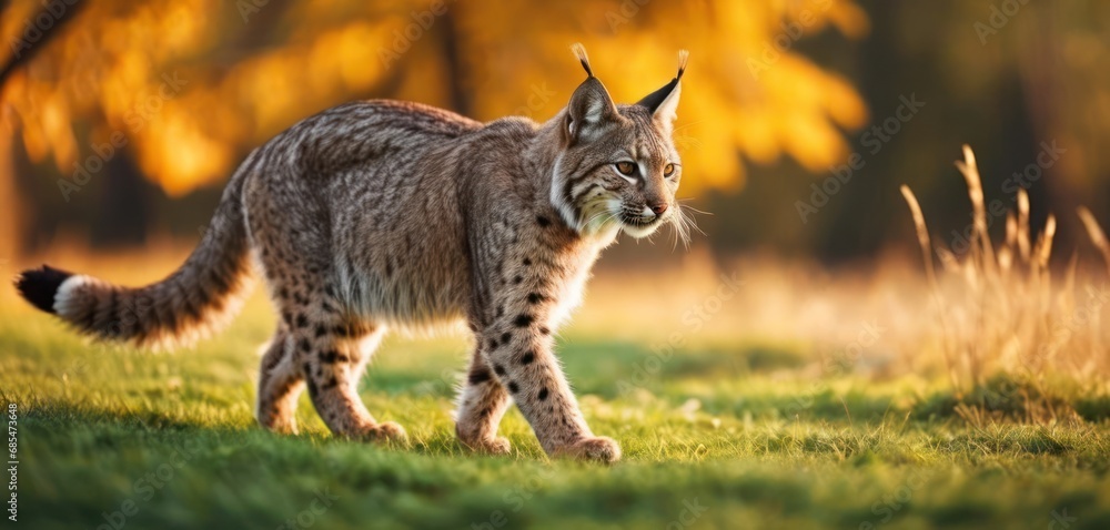 Poster a close up of a cat walking on a field of grass with trees in the backgrouund and grass in front of 