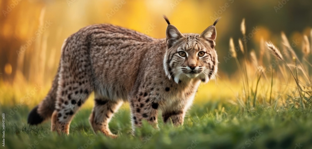 Poster a close up of a cat in a field of grass with trees in the background and a blurry image of the cat's