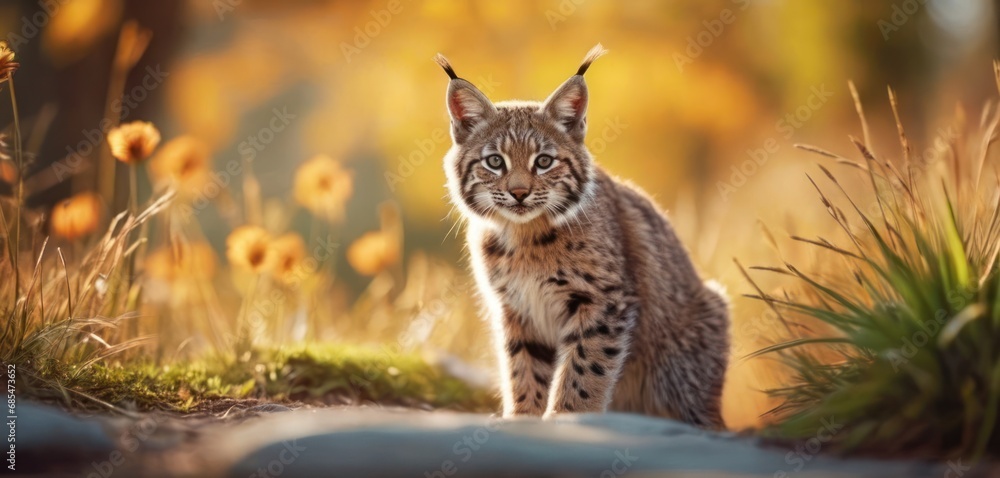 Poster a close up of a cat on a field of grass with flowers in the background and a blurry image of a cat i