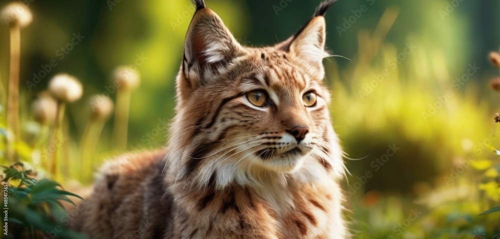 Poster a close up of a cat in a field of grass with flowers in the foreground and a blurry background of gr