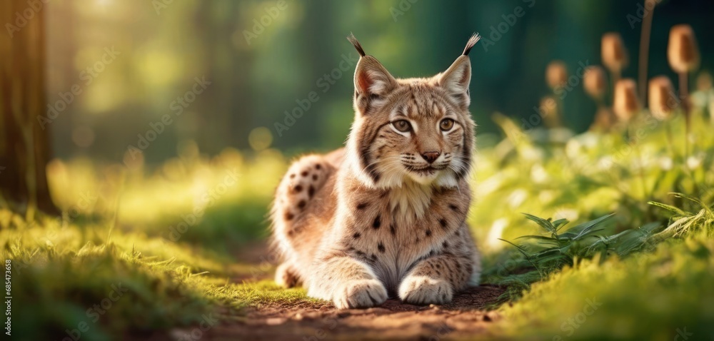 Poster a close up of a cat sitting on a dirt road in a field of grass with trees in the background and sunl