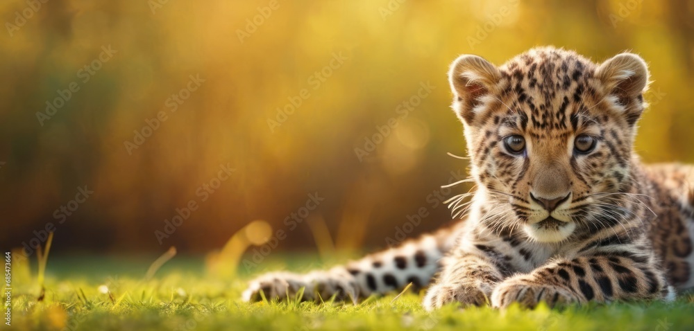 Poster a close up of a small leopard laying on a field of grass with a blurry background of trees and grass