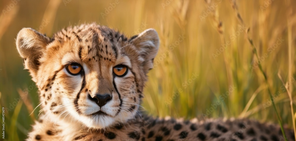 Poster a close up of a cheetah laying in a field of tall grass with a blurry background of tall grass and a