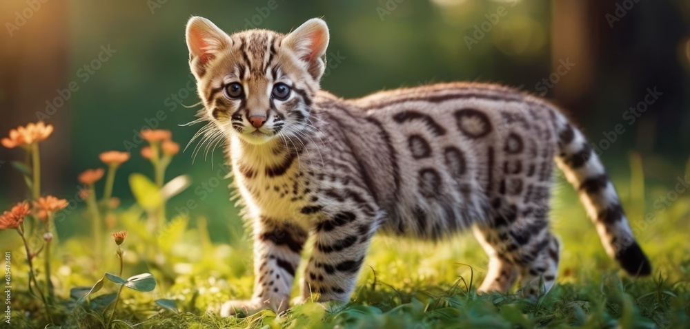 Poster a close up of a small cat on a field of grass with flowers in the foreground and a blurry background