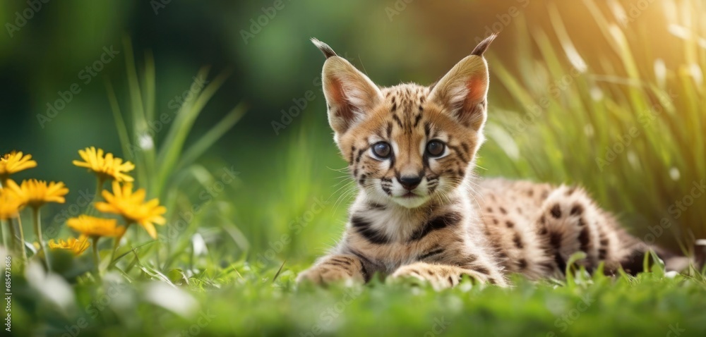 Poster a close up of a small kitten laying on a field of grass with yellow flowers in the foreground and a 