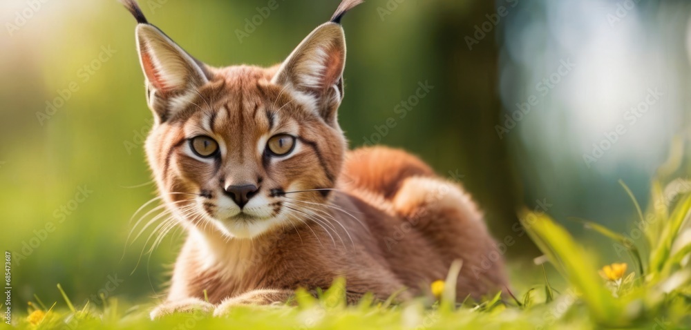 Poster a close up of a cat laying in a field of grass with a blurry background of the grass and the cat's f