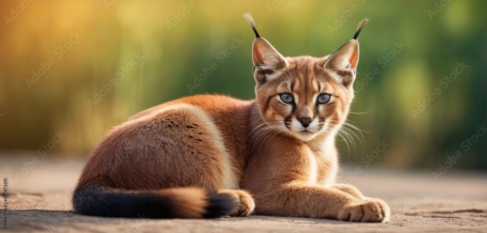 Canvas Prints a close up of a cat laying on a dirt ground with a blurry back ground behind it and a blurry back gr