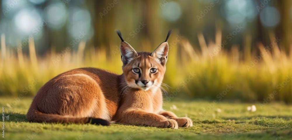 Poster a close up of a cat laying on a field of grass with tall grass in the back ground and trees in the b