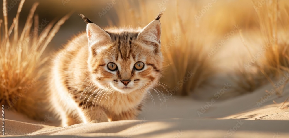 Poster a close up of a small cat walking in a field of sand and grass with a blurry background of grass and