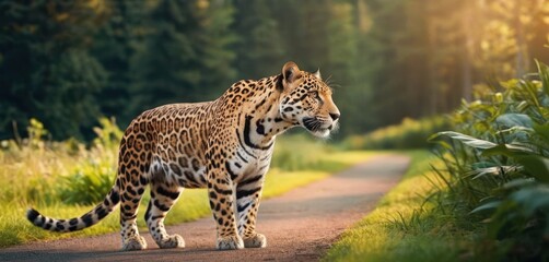  a cheetah walking down a dirt road in the middle of a lush green field with trees in the background and sunlight shining down on the top of the cheetah cheetah cheetah. - Powered by Adobe