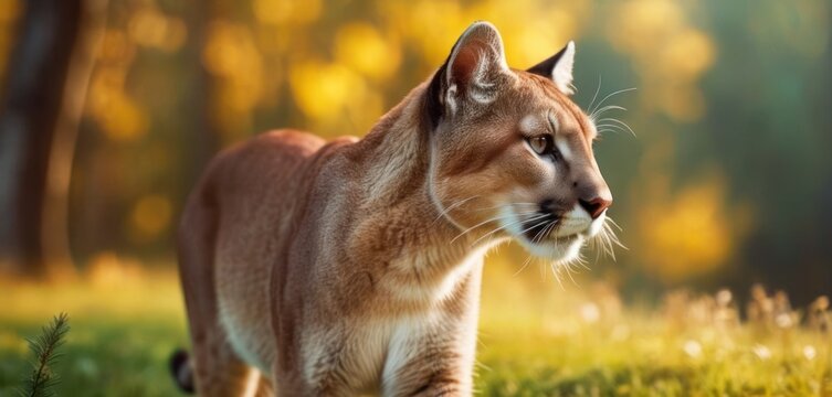 a close up of a cat in a field of grass with trees in the background and sunlight shining on the cat's head and neck and shoulders and head. - Powered by Adobe