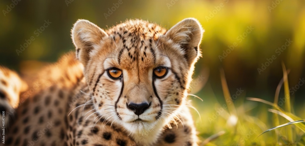 Poster a close up of a cheetah's face with grass in the foreground and a blurry background of trees and gra