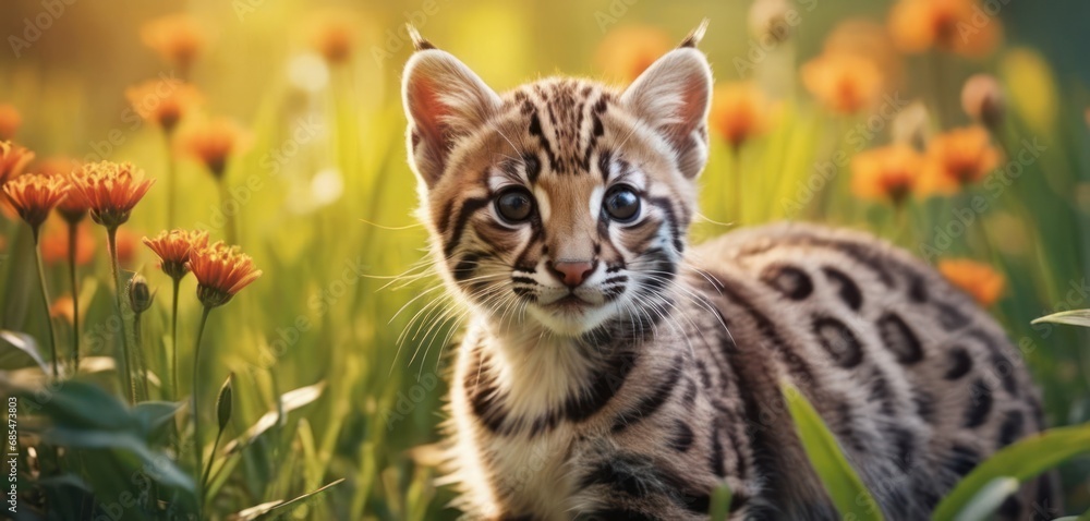 Poster a close up of a small kitten in a field of grass with orange flowers in the background and a blurry 