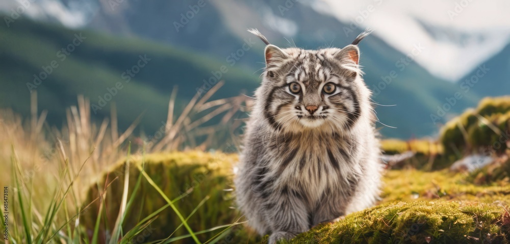 Aufkleber a close up of a cat on a field of grass with mountains in the backgroound and a sky with clouds in t