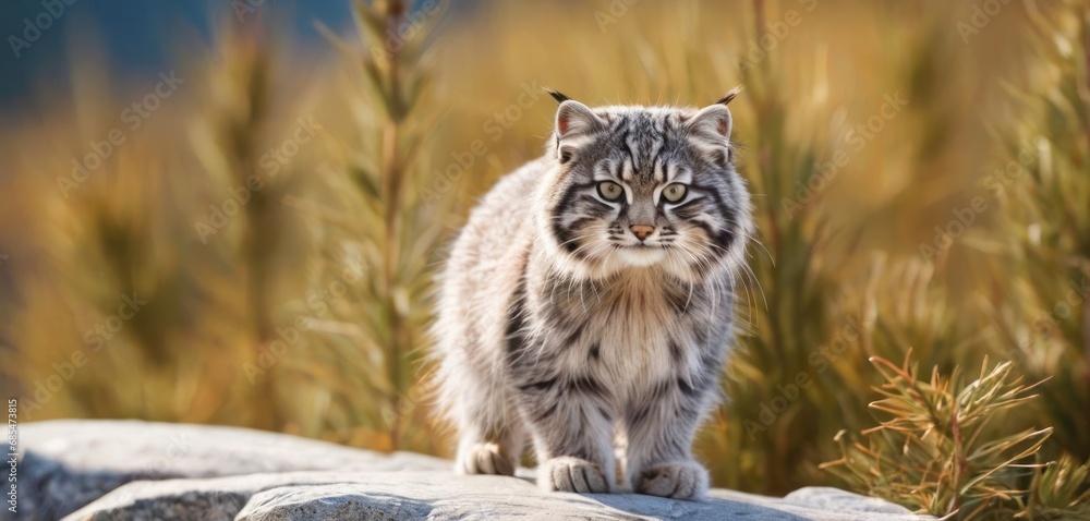 Poster a close up of a cat walking on top of a rock near a field of grass and a small tree with a blurry ba