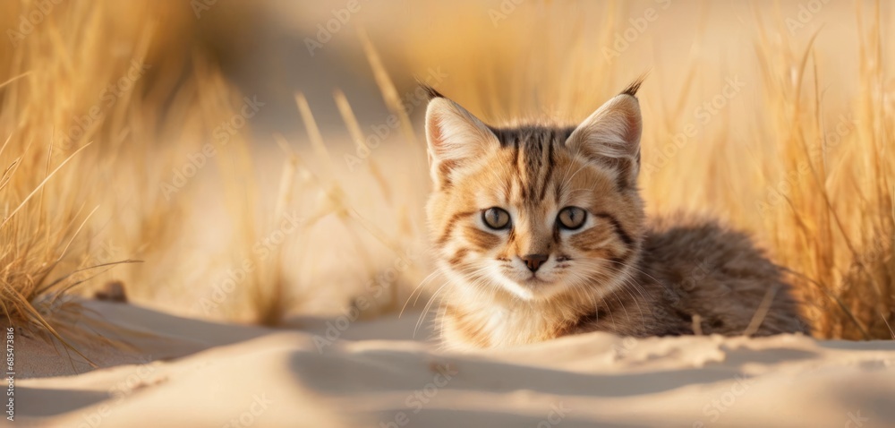 Aufkleber a small kitten is sitting in a field of tall grass and looking at the camera with a curious look on 