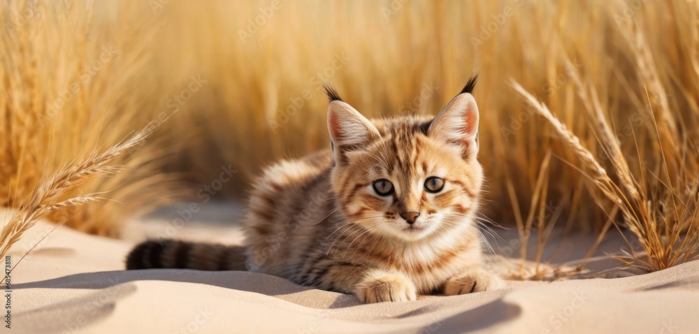 Poster a kitten is sitting in the sand and looking at the camera with a blurry background of grass in the f