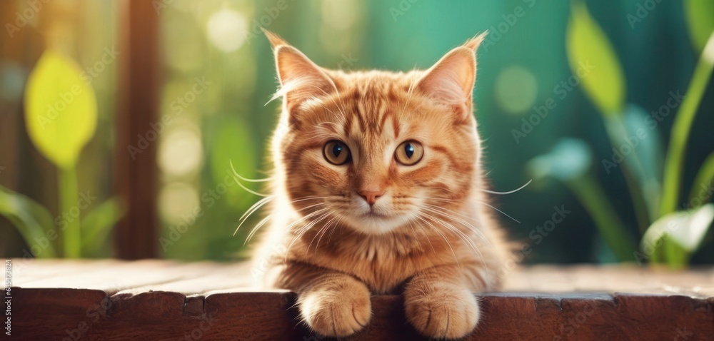 Aufkleber a close up of a cat laying on a wooden surface with a blurry background of grass and trees in the fo