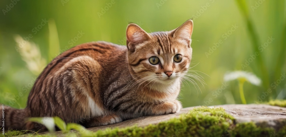 Aufkleber a close up of a cat laying on top of a rock in a field of green grass and grass behind it is a blurr