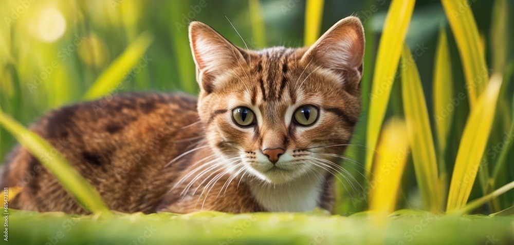 Poster a close up of a cat in a field of grass with a blurry background of the grass and the cat's face is 