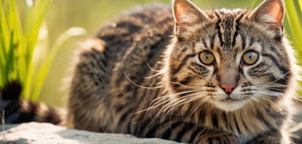 Poster a close up of a cat laying on a rock with grass in the background and a blurry image of grass in the
