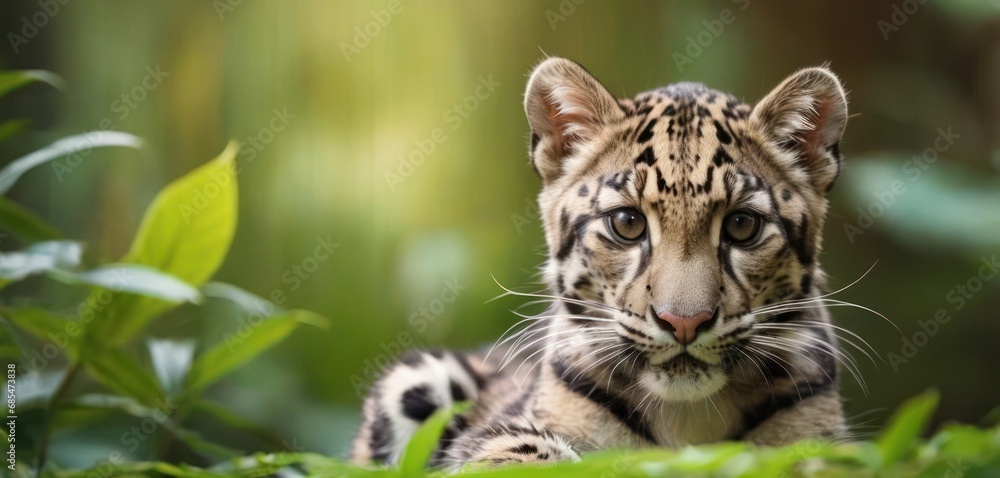 Poster a close up of a small tiger in a field of grass with trees in the background and a blurry image of t