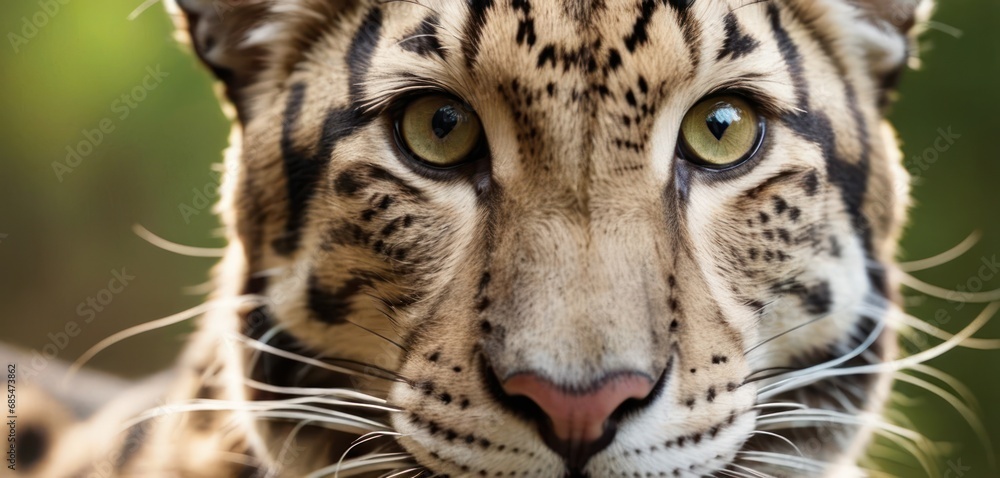 Poster a close - up of a leopard's face with a blurry background of trees in the foreground and a blurry ba