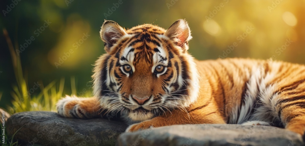 Poster a close up of a tiger laying on top of a rock next to a grass and dirt field with trees in the back 