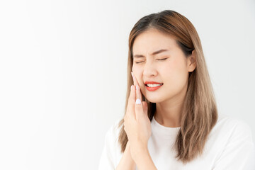 Asian woman feel toothache from gingivitis, female suffer tooth, decay problems, dental care....