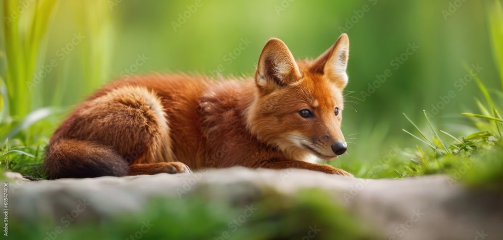 Poster a close up of a small fox laying on a field of grass with a rock in the foreground and a blurry back