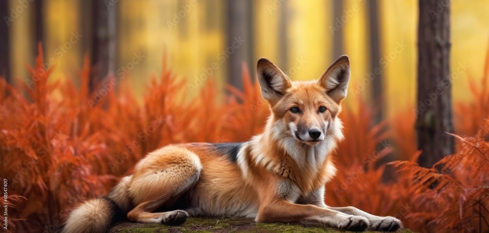 Poster a close up of a dog laying on a rock in a field of grass with trees in the background and bushes in 