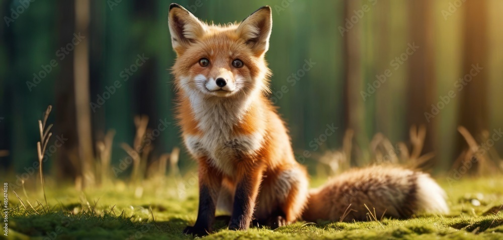 Poster a close up of a fox sitting in a field of grass with trees in the back ground and sunlight shining t